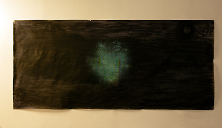 שמש שחורה Black sun טכניקה: רישום דיו על נייר, והקרנת וידיאו. צילום הצבה. גודל: 150x300 ס״מ Shani Shabo – Black sun.jpg